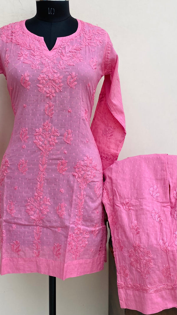 Lucknowi Chikankari Co-ord Set Pink Mulmul Cotton With Self Work