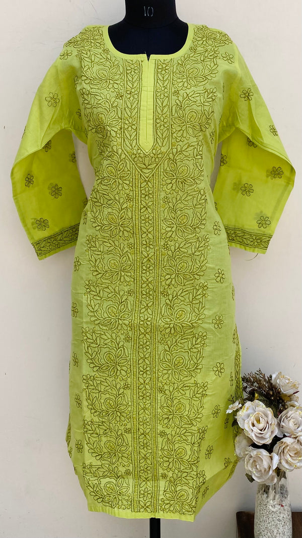 Lucknowi Chikankari Kurti Mehndi Green Cotton