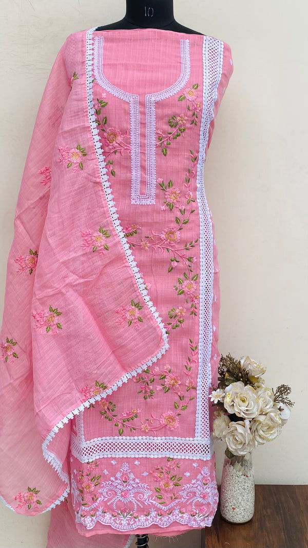 Designer Embroidered Suit Length 3 Piece Pink Kota
