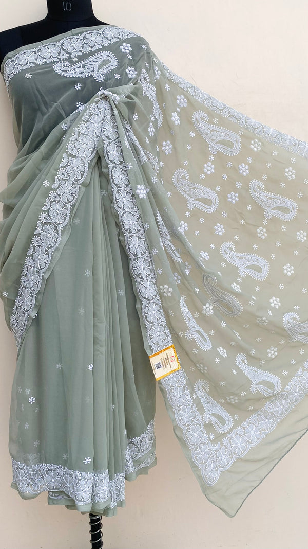 Lucknowi Chikankari Saree Gray Georgette With Jaali Work