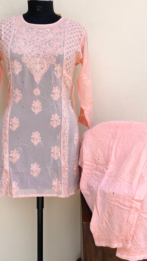 Lucknowi Chikankari Co-ord Set Pink Pure Georgette With Resham & Mukaish Work