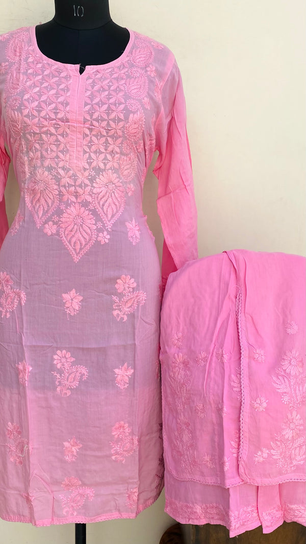 Lucknowi Chikankari Co-ord Set Pink Muslin Cotton With Self Work