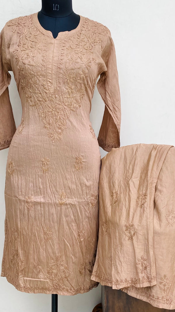 Lucknowi Chikankari Co-ord Set Brown Mal Chanderi With Self Work
