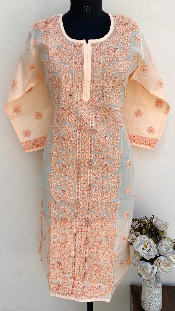Lucknowi Chikankari Kurti Peach Cotton
