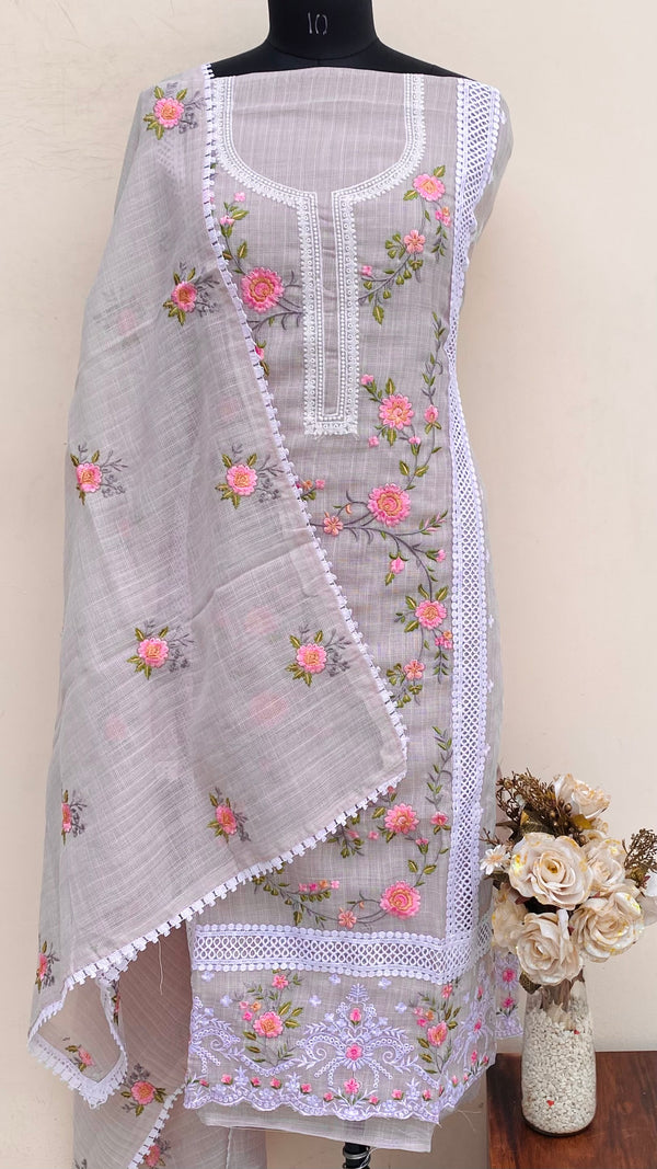 Designer Embroidered Suit Length 3 Piece Gray Kota