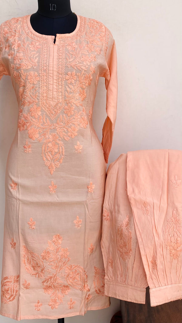 Lucknowi Chikankari Co-ord Set Peach Mal Chanderi With Self Work