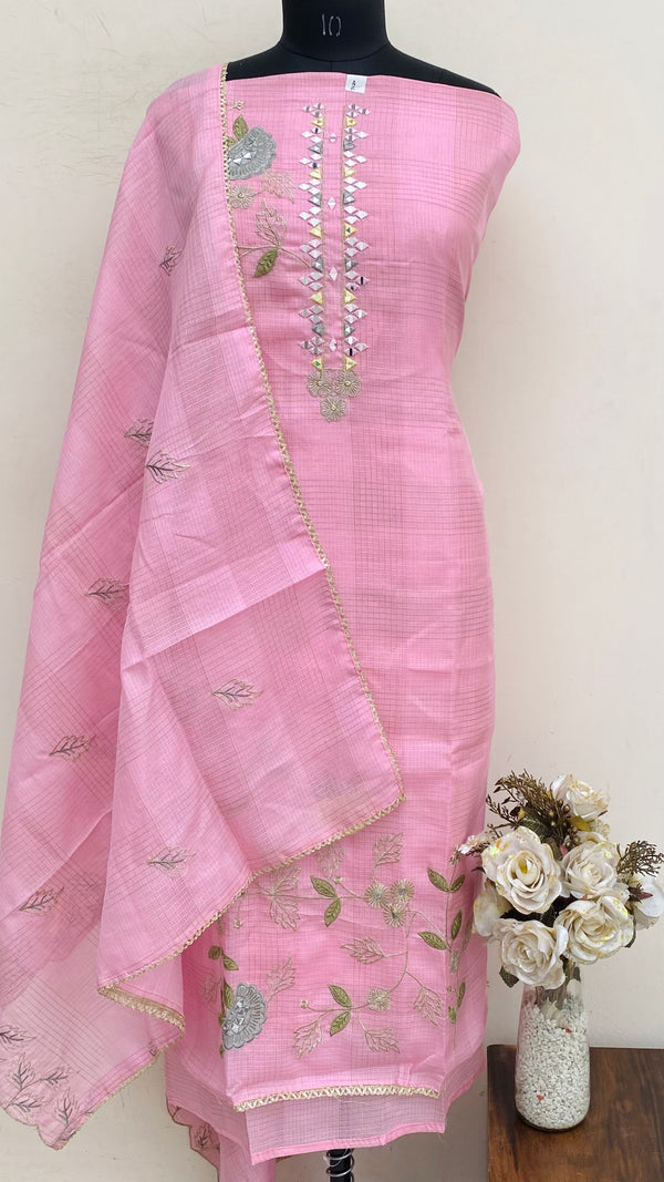 Designer Embroidered Suit Length 3 Piece Pink Kota With Mirror Work
