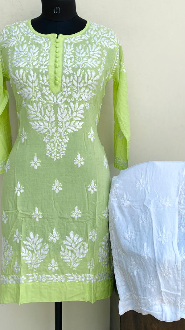 Lucknowi Chikankari Co-ord Set Parrot Green Modal Cotton