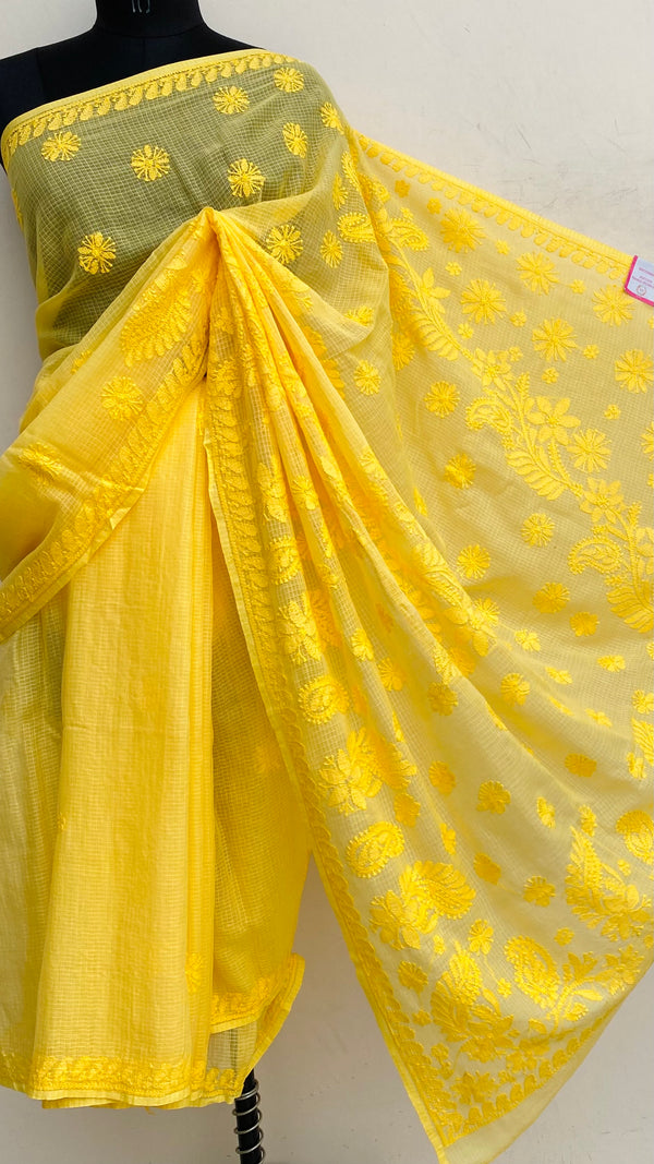 Lucknowi Chikankari Saree Yellow Kota