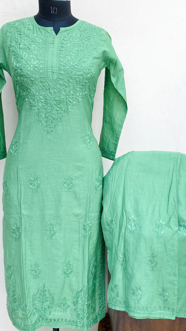 Lucknowi Chikankari Co-ord Set Green Mal Chanderi With Self Work