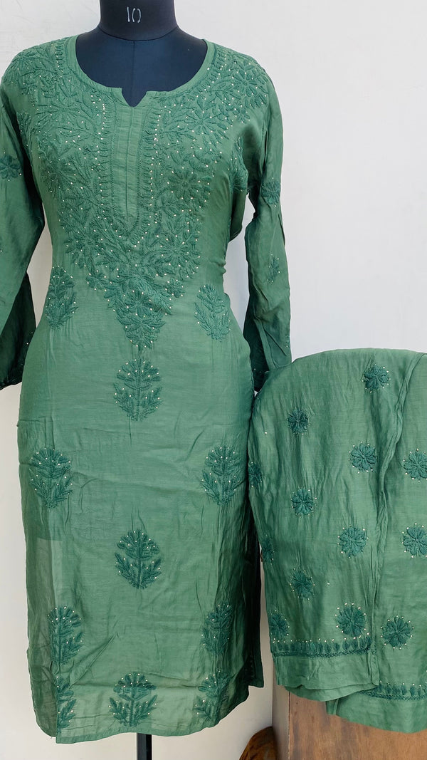 Lucknowi Chikankari Co-ord Set Bottle Green Mal Chanderi With Mukaish & Self Work