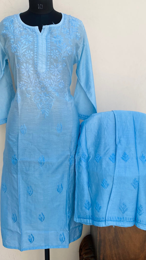 Lucknowi Chikankari Ombre Co-ord Set Blue Mal Chanderi With Self Work