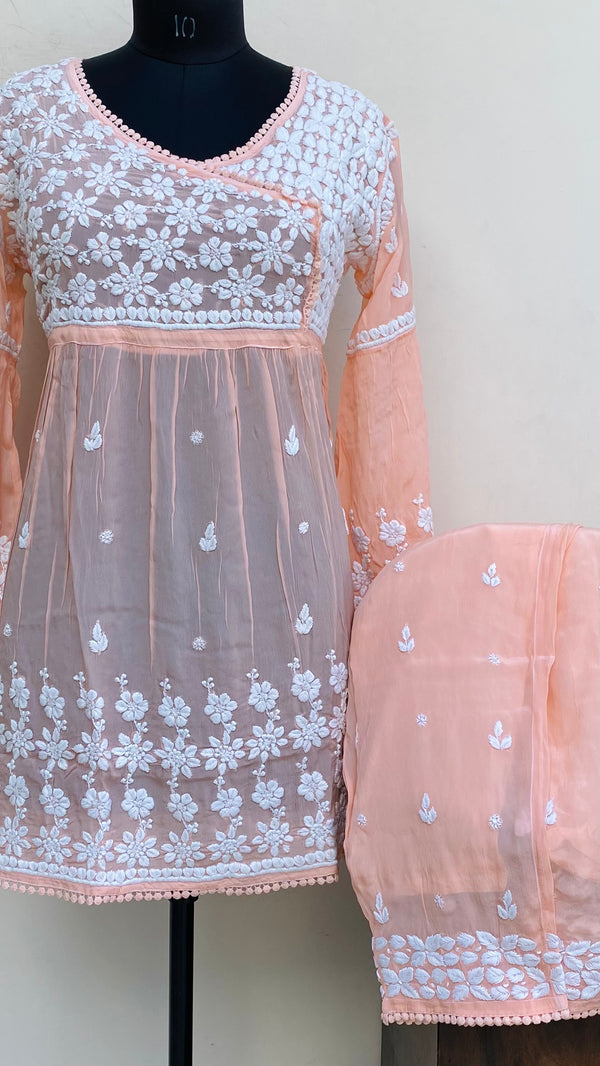 Lucknowi Chikankari Co-ord Set Peach Organza