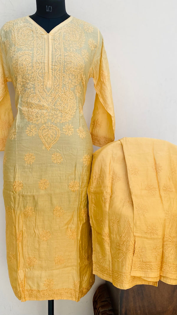 Lucknowi Chikankari Ombre Co-ord Set Peach Mal Chanderi With Self Work
