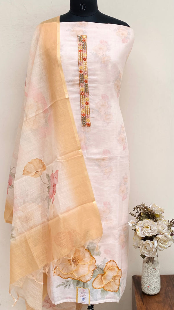 Designer Embroidered Suit Length 3 Piece Cream Linen