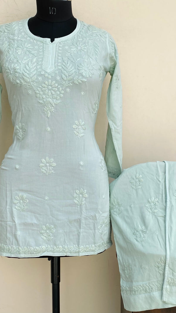Lucknowi Chikankari Co-ord Set Green Modal Cotton With Self Work