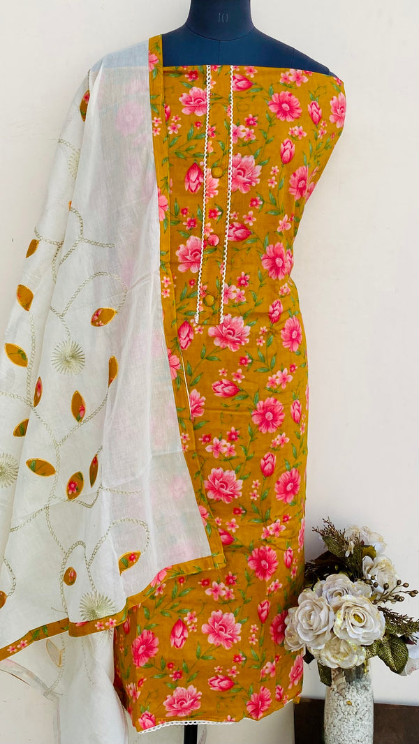 Designer Embroidered Suit Length 3 Piece Mustard Mal Cotton