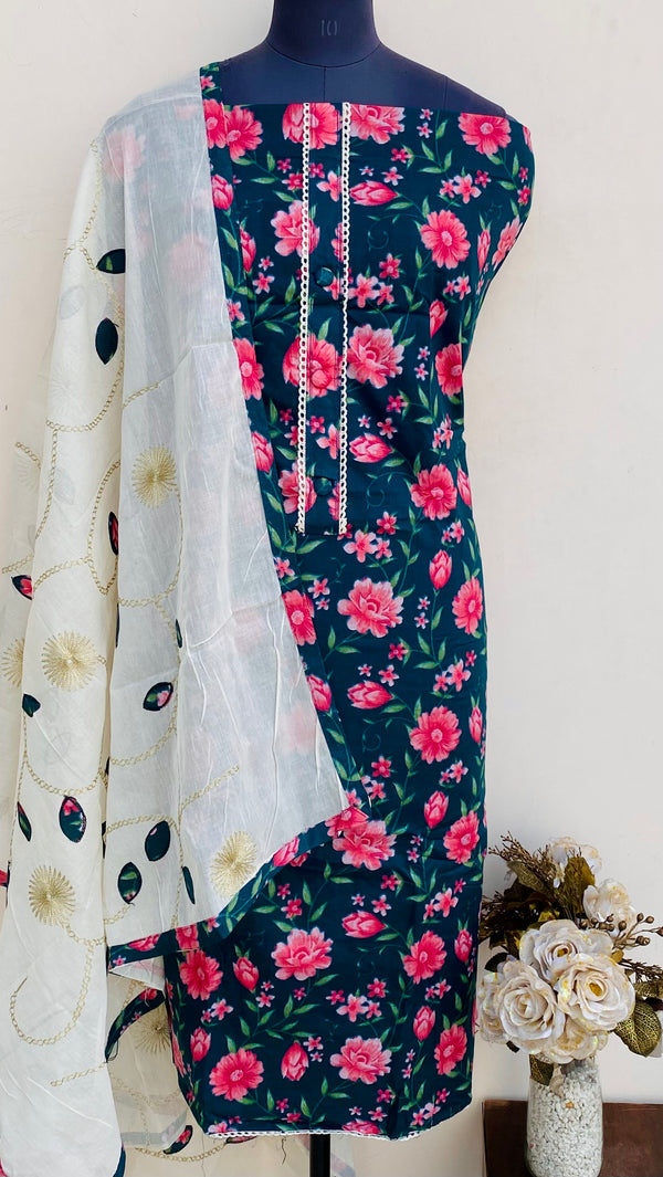 Designer Embroidered Suit Length 3 Piece Green Mal Cotton