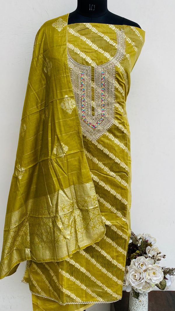 Designer Embroidered Suit Length 3 Piece Mehndi Green Mal Chanderi With Sequence Work
