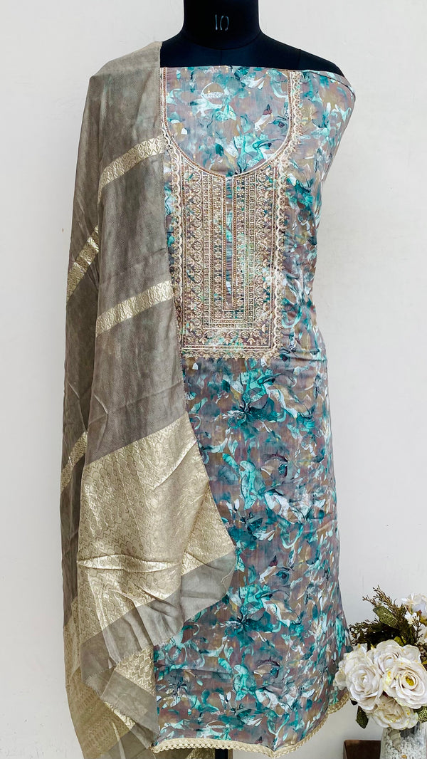 Designer Embroidered Suit Length 3 Piece Multicolour Mal Chanderi With Stone Work