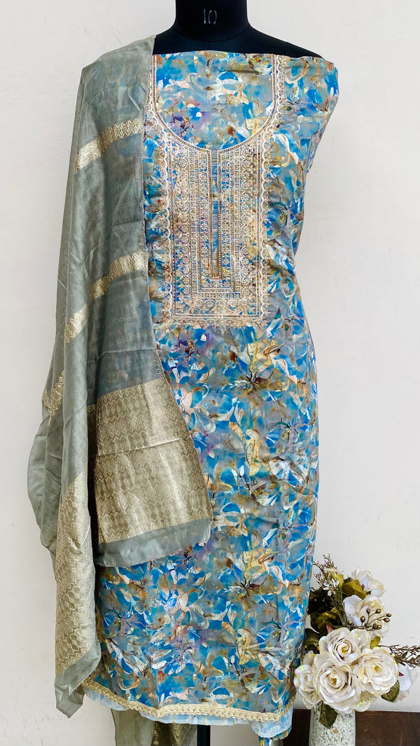 Designer Embroidered Suit Length 3 Piece Multicolour Mal Chanderi With Stone Work