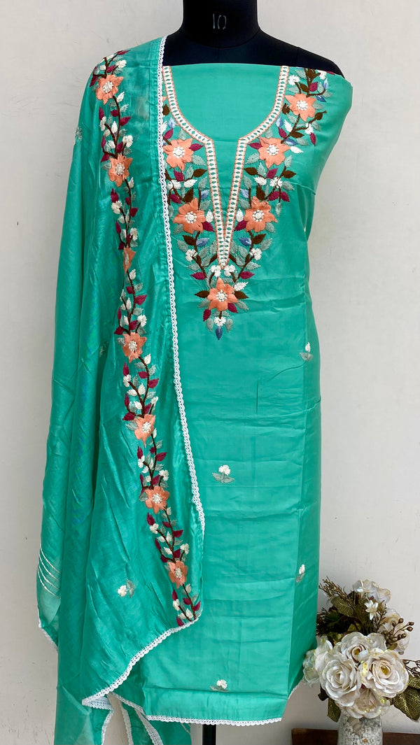 Designer Embroidered Suit Length 3 Piece Green Mal Cotton With Parsi Work