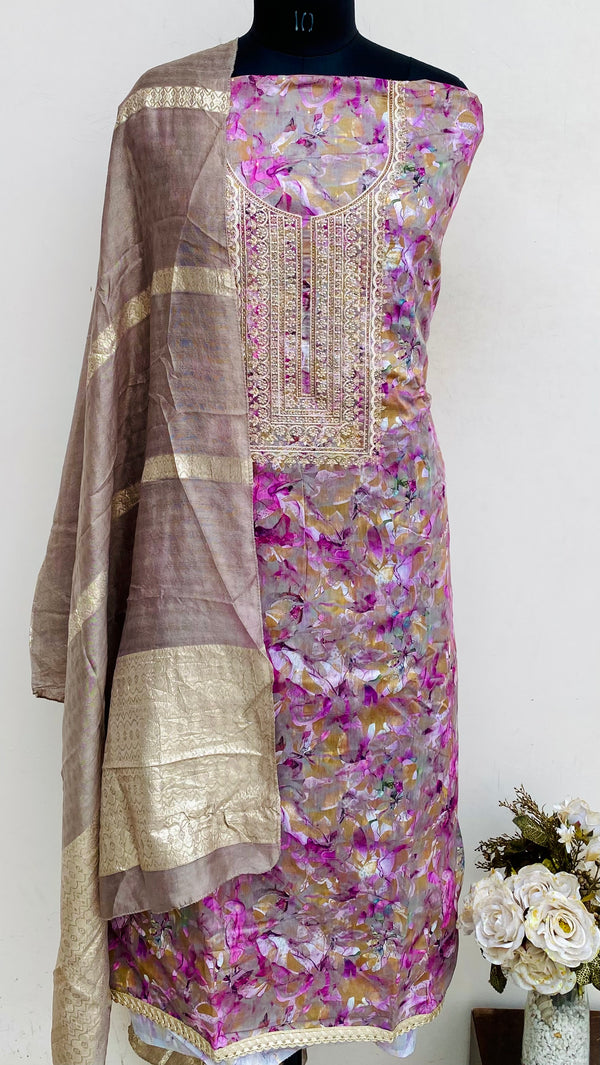 Designer Embroidered Suit Length 3 Piece Multicolour Mal Chanderi With Stone Work
