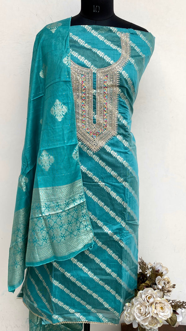 Designer Embroidered Suit Length 3 Piece Sea Green Mal Chanderi With Sequence Work