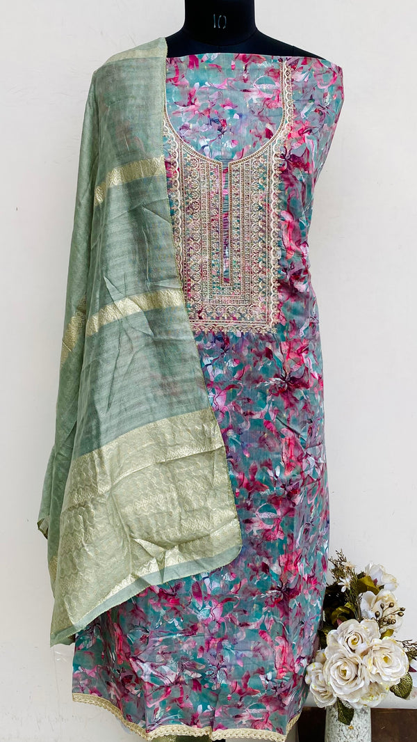Designer Embroidered Suit Length 3 Piece Green Mal Chanderi With Stone Work