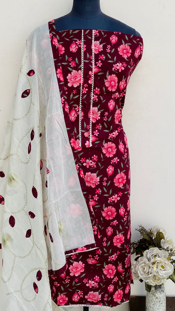 Designer Embroidered Suit Length 3 Piece Maroon Mal Cotton