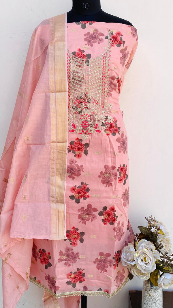 Designer Embroidered Suit Length 3 Piece Pink Mal Chanderi