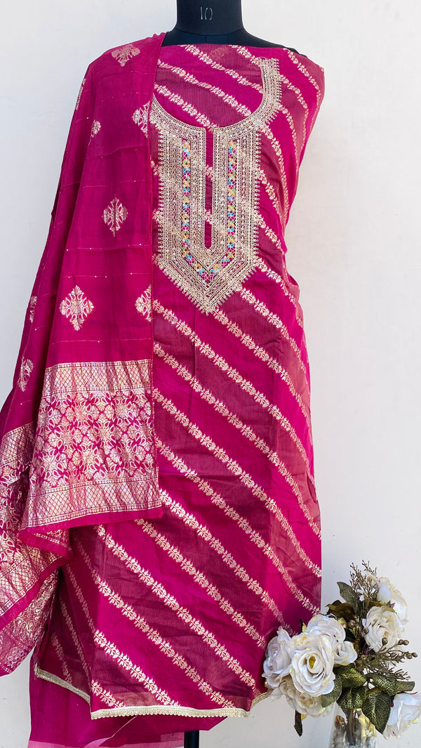 Designer Embroidered Suit Length 3 Piece Pink Mal Chanderi With Sequence Work