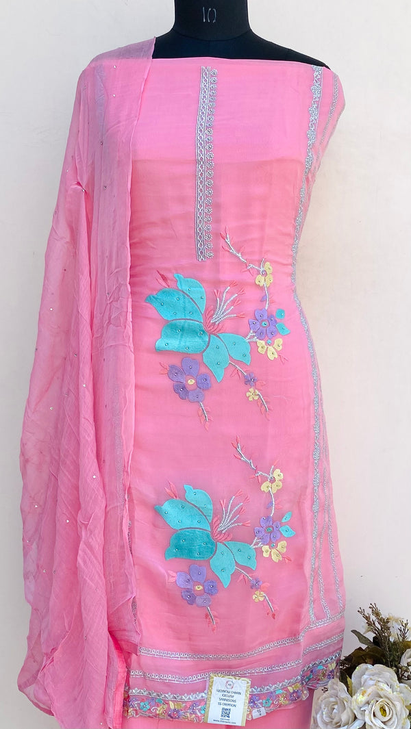 Designer Embroidered Suit Length 3 Piece Pink Organza
