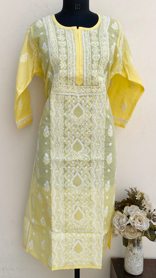 Lucknowi Chikankari Kurti Yellow Cotton With Jaali Work