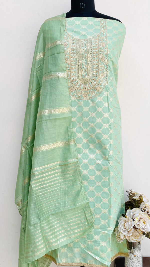 Designer Embroidered Suit Length 3 Piece Green Mal Chanderi With Sequence Work