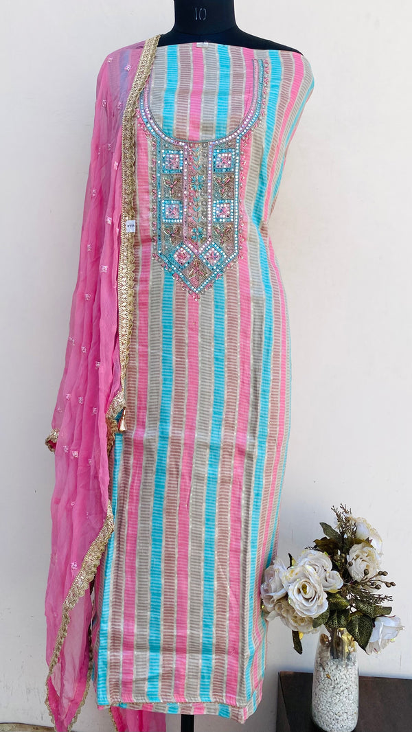 Designer Embroidered Suit Length 3 Piece Multicolour Muslin Cotton With Pearl, Cutdana & Sequence Work