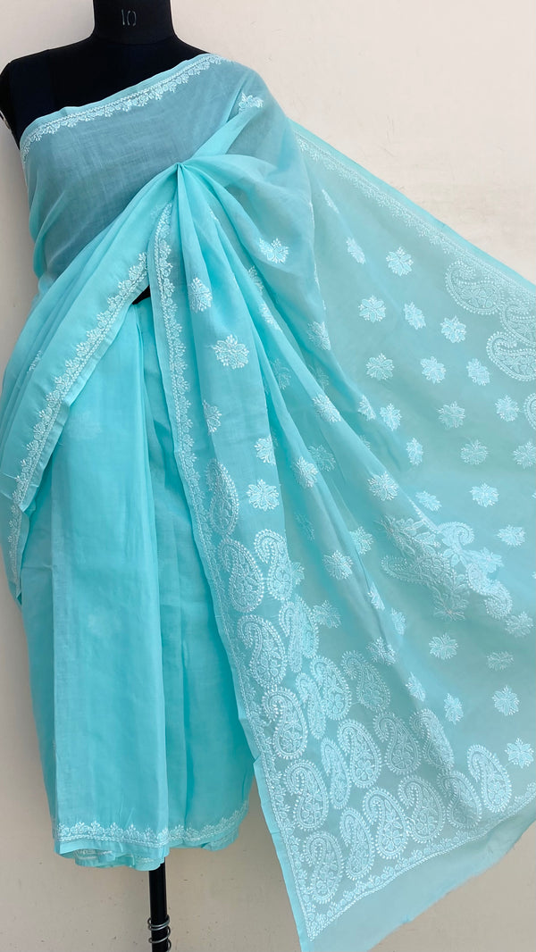 Lucknowi Chikankari Saree Sea Green Cotton