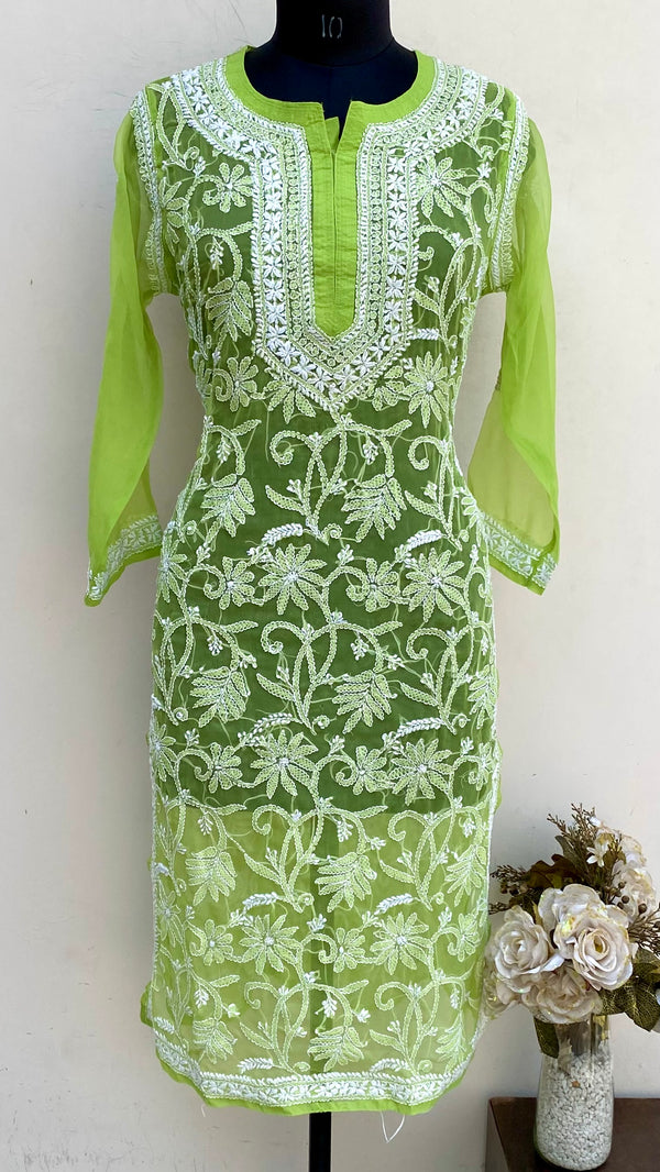 Lucknowi Chikankari Kurti Parrot Green Georgette
