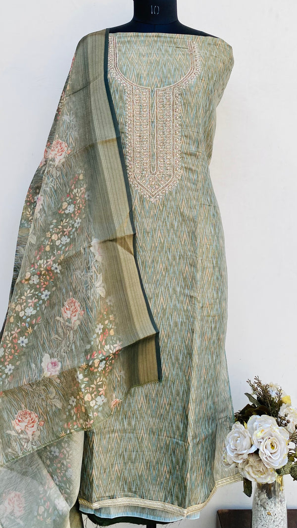 Designer Embroidered Suit Length 3 Piece Green Mal Chanderi With Stone Work
