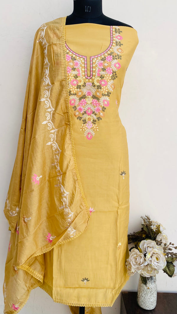 Designer Embroidered Suit Length 3 Piece Beige Muslin Cotton