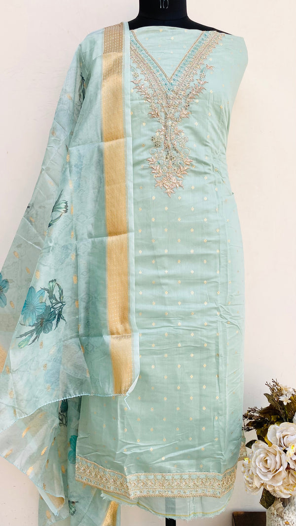 Designer Embroidered Suit Length 3 Piece Green Mal Chanderi With Sequence Work