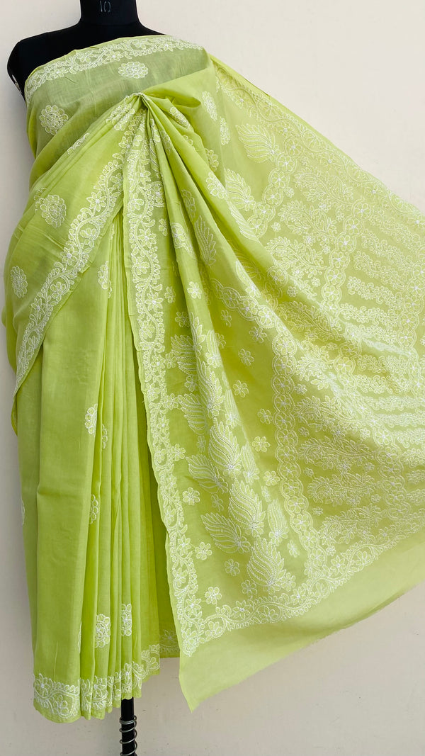 Lucknowi Chikankari Saree Parrot Green Cotton
