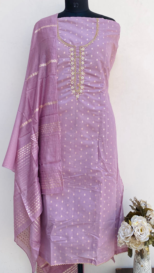 Designer Embroidered Suit Length 3 Piece Purple Mal Chanderi With Pearl, Sequence & Cutdana Work