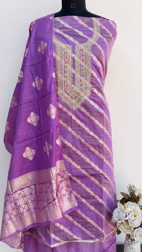 Designer Embroidered Suit Length 3 Piece Purple Mal Chanderi With Sequence Work