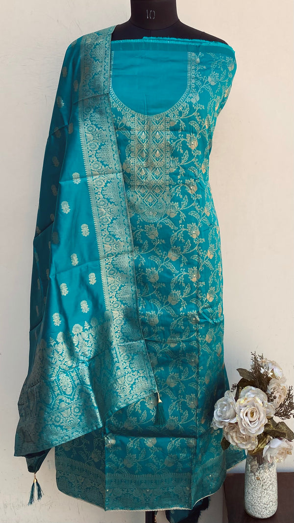 Designer Embroidered Suit Length 3 Piece Green Mal Chanderi