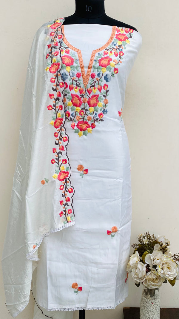 Designer Embroidered Suit Length 3 Piece White Mal Cotton With Parsi Work