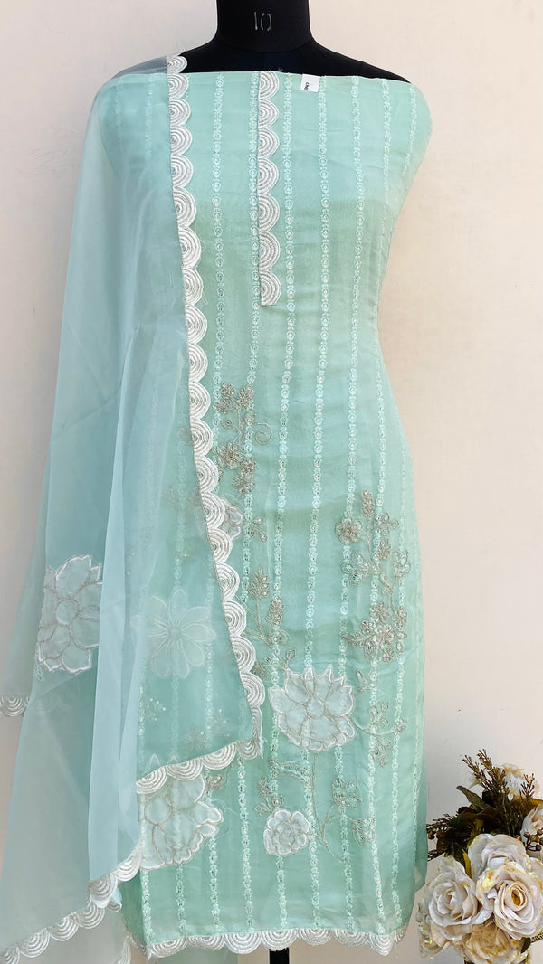 Designer Embroidered Suit Length 3 Piece Green Organza With Sequence Work