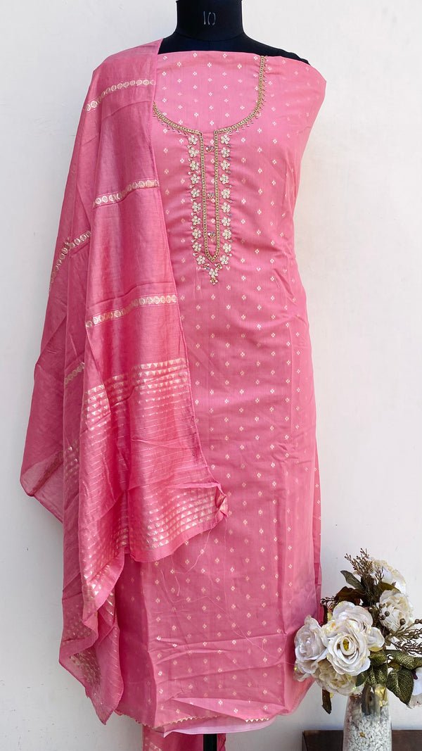 Designer Embroidered Suit Length 3 Piece Pink Mal Chanderi With Pearl, Sequence & Cutdana Work