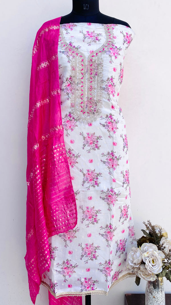 Designer Embroidered Suit Length 3 Piece Off White Mal Chanderi With Stone Work