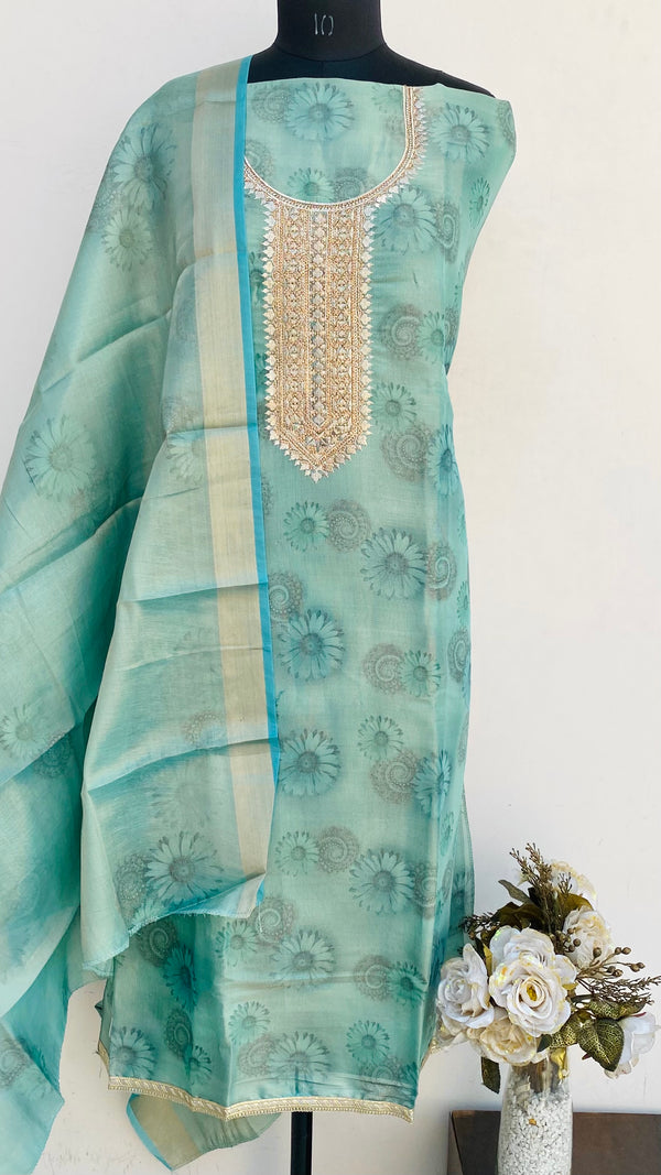 Designer Embroidered Suit Length 3 Piece Green Mal Chanderi With Stone Work